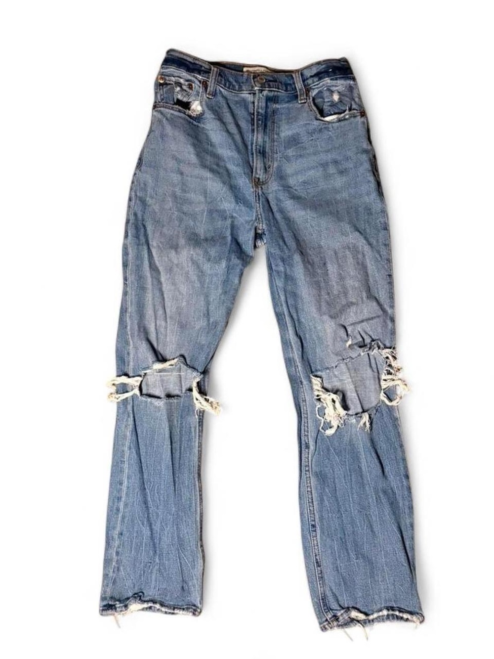 Abercrombie and Fitch Distressed Blue Denim Jeans - Raw Hem Ripped Knee